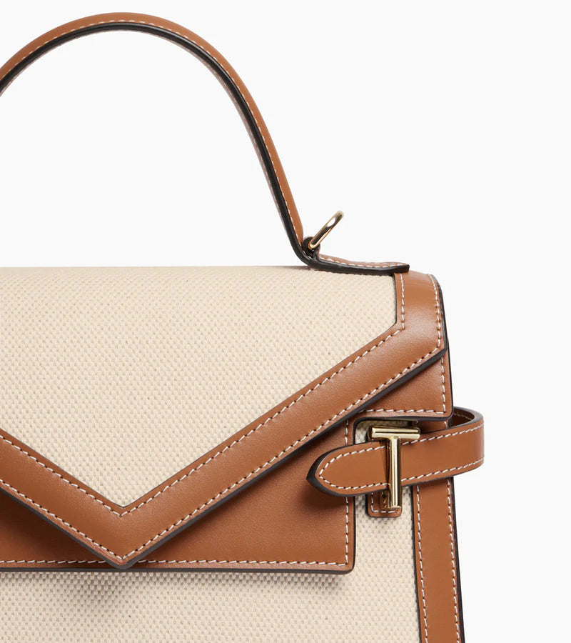 Emilie - Sac à main double rabat moyen modèle en toile coton et cuir lisse